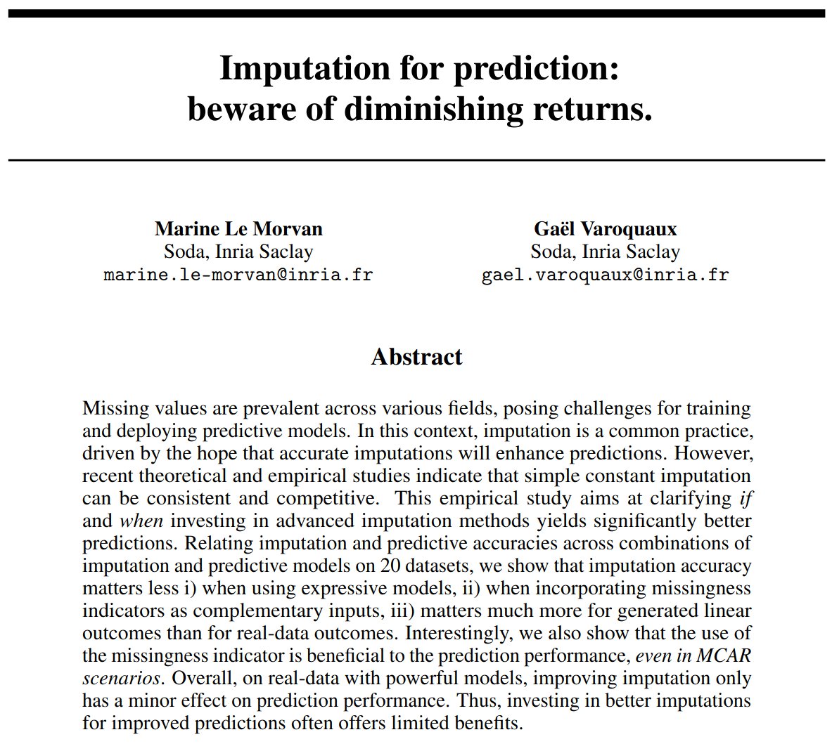 🎓Paper time!✨ #ICLR spotlight.

Concluding of 5 years of research on missing values handling for prediction:
Beware of diminishing returns in imputation for prediction.
1/8