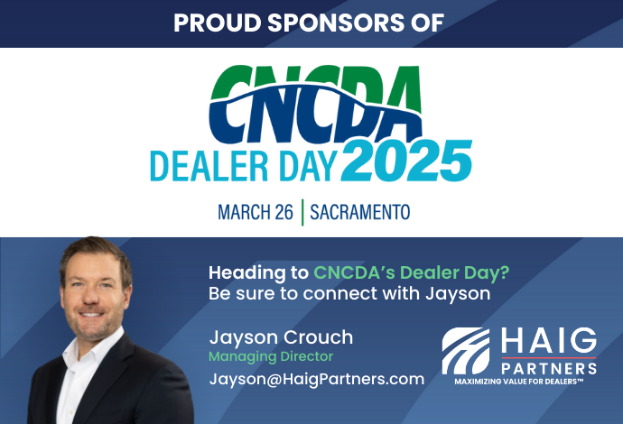 HaigPartners's tweet image. Haig Partners is proud to sponsor @CNCDA's Dealer Day 2025 in Sacramento, supporting the dealers driving the automotive industry forward.

Jayson Crouch will be there representing Haig Partners!

#AutoRetail #DealershipOwners #AutoDealership #AutomotiveIndustry #CNCDA