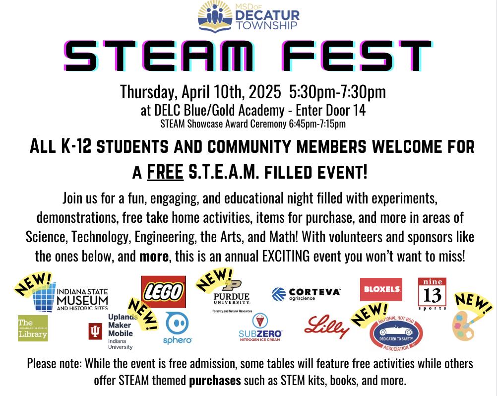 The annual Decatur Township STEAM Fest is coming soon! Join us for a fun, engaging, and educational night in the areas of Science, Technology, Engineering, the Arts, and Math!! #DecaturProud #TomorrowReady