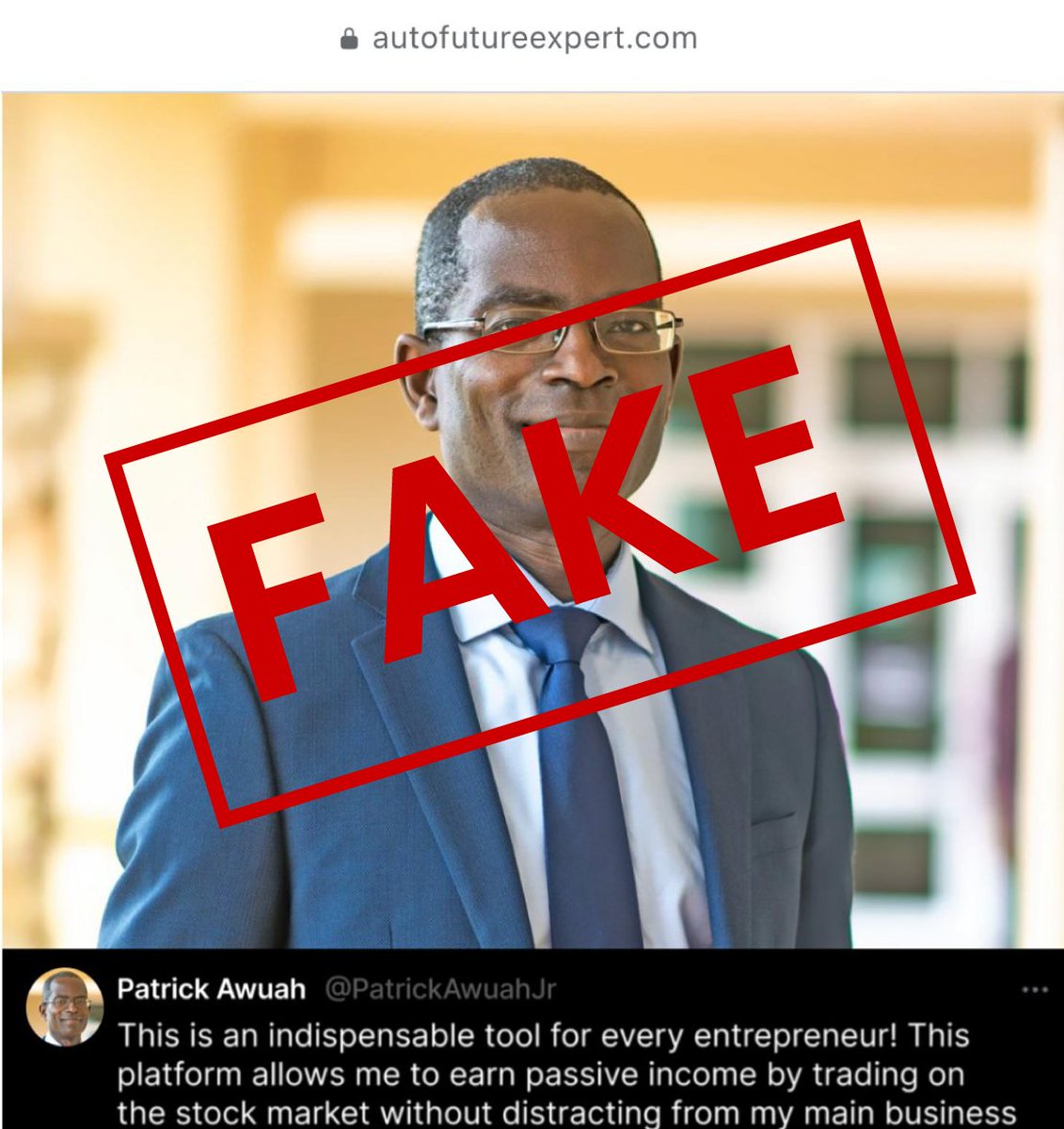 Ashesi University (@ashesi) on Twitter photo It has come to our attention that a video circulating on social media falsely associates Ashesi President <a href="/PatrickAwuahJr/">Patrick Awuah Jr</a> with a financial platform named 'Crypto Klutz.'
This video is an entirely fabricated deepfake. The sponsored video points to an "afrofutureexpert" website It has come to our attention that a video circulating on social media falsely associates Ashesi President <a href="/PatrickAwuahJr/">Patrick Awuah Jr</a> with a financial platform named 'Crypto Klutz.'
This video is an entirely fabricated deepfake. The sponsored video points to an "afrofutureexpert" website