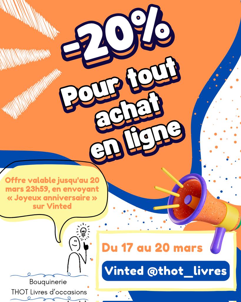 daurelieng's tweet image. [Alerte réduction]

Le 20 mars c'est l'anniversaire d'Inès, pour fêter ça il y a -20% à la bouquinerie sur TOUS les livres du VintedPro déjà en ligne 🥳💛

Comment ça marche ? Il suffit d'envoyer "joyeux anniversaire" et on vous le fera à la main (c'est pas automatique)
