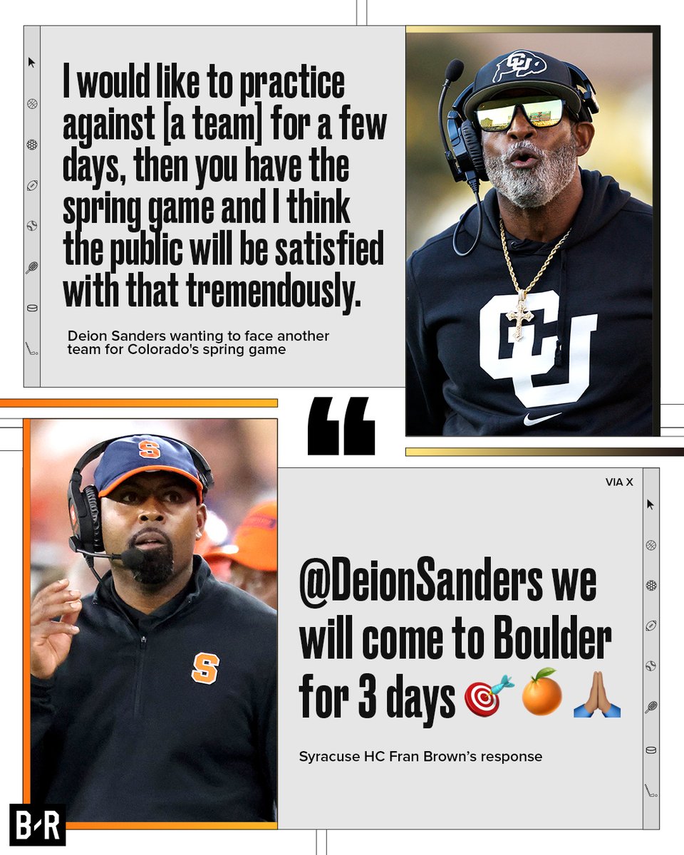 BleacherReport's tweet image. Coach Prime wants to style his spring game "like the pros" and play another team 👀

Syracuse HC Fran Brown is all for it 🍿