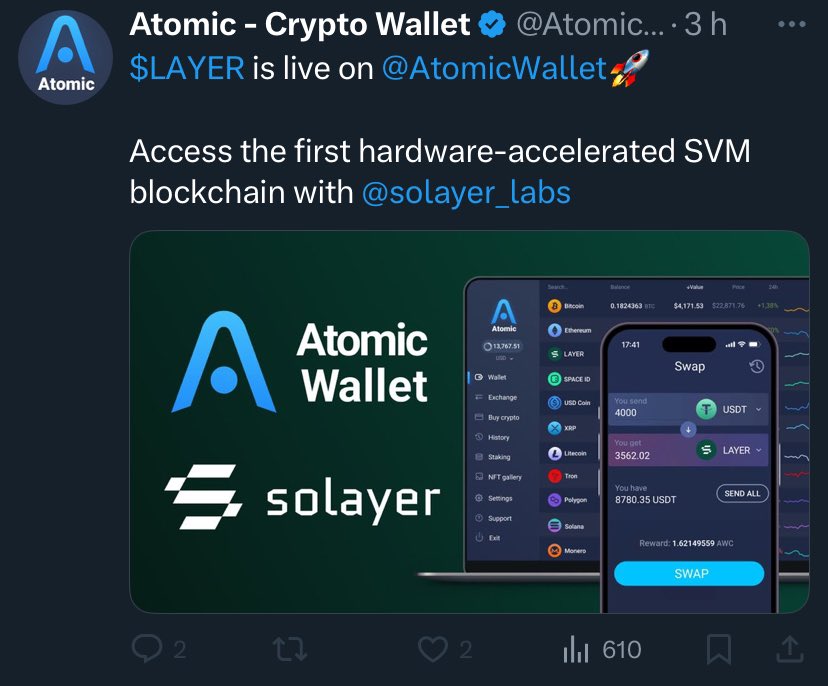 🙏<a href="/solayer_labs/">Solayer (mainnet arc)</a> users, please don’t store $LAYER and your cryptos on <a href="/AtomicWallet/">Atomic - Crypto Wallet</a>🙏

This wallet  hacked on June 2023 with $100M of stolen cryptos, thousands of victims, no news, no root cause from <a href="/gladkos/">Konstantin Gladych</a> the CEO or Atomic Wallet team🤬

I lost 1.09 #BTC 😭

#atomicwallethack