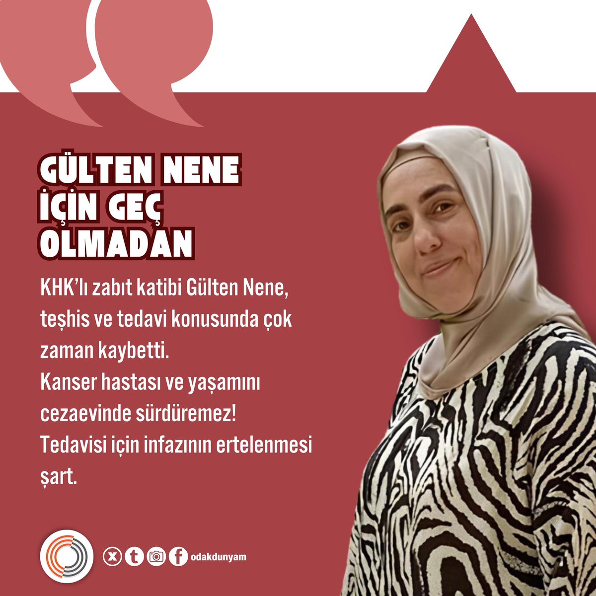 yolcu14889130's tweet photo. Gülten Nene, kanser hastası bir mahpus. Tarsus Cezaevi’nde tutuluyor. Tedavi görmesi için serbest kalması lazım.

Tutuklu hastalara özgürlük!

GültenNene AcilTahliye https://t.co/DZoEcA9IrL