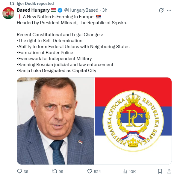 JasminMuj's tweet photo. The son of fugitive Bosnian Serb secessionist Dodik, Igor, shares post by anonymous far-right "Based Hungary" account suggesting his father is not merely "going back original Dayton" as he has claimed, but seceding from Bosnia. 

Vital BiH police &amp; @euforbih apprehend Dodik ASAP. https://t.co/6Bne9CZkOe