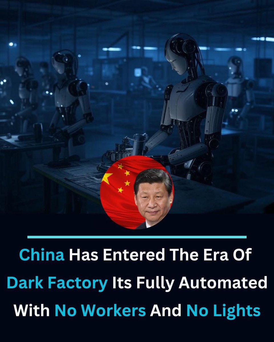 China Has Entered The Era Of 
Dark Factory Its Fully Automated With No Workers And No Lights
🚨𝐍𝐎 𝐇𝐔𝐌𝐀𝐍𝐒 𝐍𝐄𝐄𝐃𝐄𝐃🚨
The manufacturing sector is undergoing a revolutionary transformation, driven by cutting-edge technologies like automation, artificial intelligence