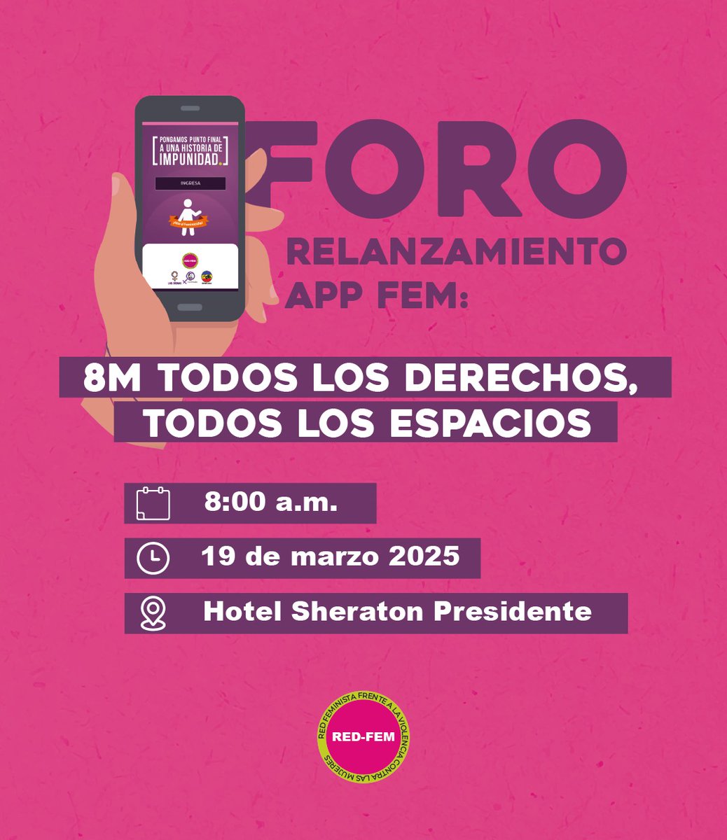 📱 ¡Te invitamos al Foro de relanzamiento de la APP FEM! Seguimos alzando la voz por nuestros derechos y por espacios libres de violencia.

🗓️ Fecha: 19 de marzo de 2025
⏰ Hora: 8:00 a.m.
📍 Lugar: Hotel Sheraton Presidente
📧 Confirmar al correo: redfemvlv@gmail.com