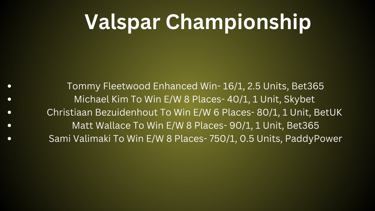 BogeyFreeBet's tweet photo. Bets this week for the Valspar Championship! 4 AM/PM guys + Valimaki at big odds. This could be Fleetwood's week, everything has aligned. Defo worth the wait as I had a number of fancies on the PM/AM wave. #BettingX #PGATour #BettingSports #valspar #SportsBettingX #SportsPicks https://t.co/o1RurikpCq