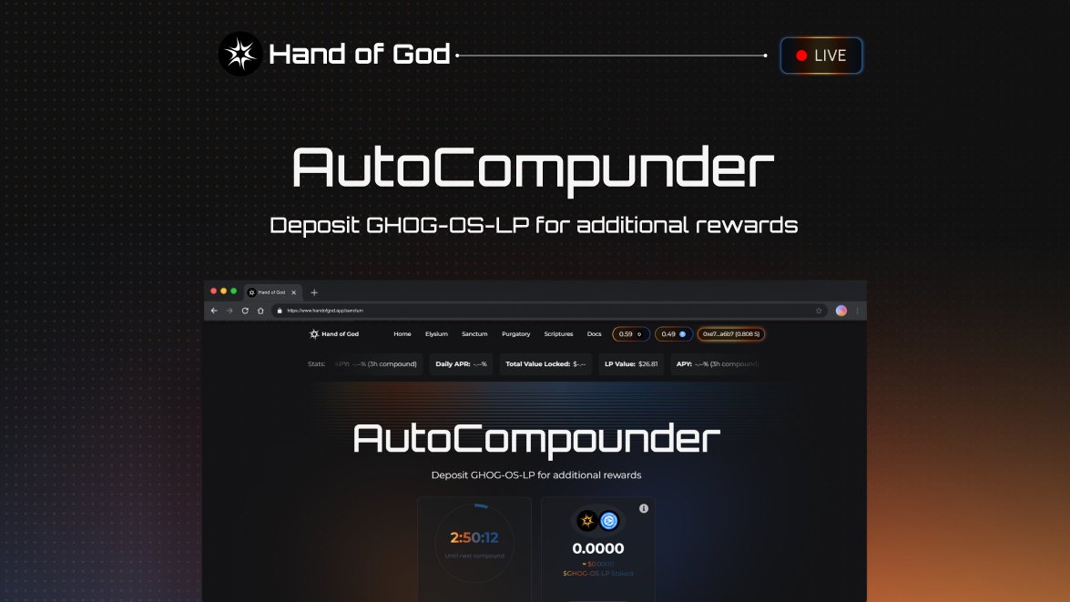 The $GHOG-OS LP auto-compounder is now live on Elysium page

Let the AI work in your favor—earn, compound, and maximize your position effortlessly

The system keeps evolving, but now you can set and forget your GHOG strategy while the Hand of God adjusts emissions