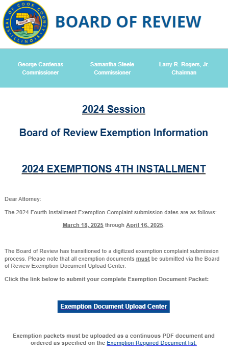2024 Fourth Installment Exemption Complaint submission dates are between today, Mar-18th and Wednesday, Apr-16th! You can learn more here:

cookcountyboardofreview.com/what-we-do/pro…