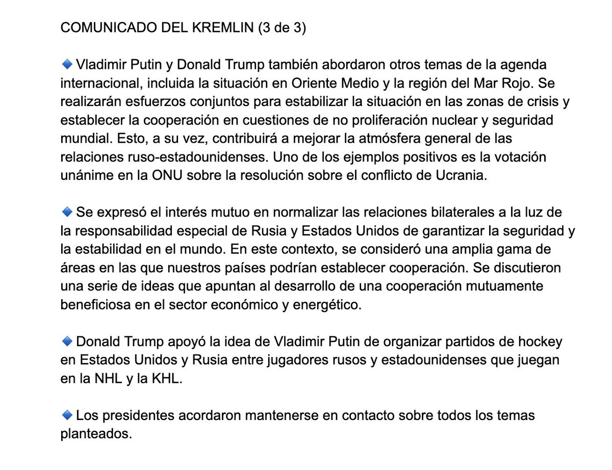 Comunicado del Kremlin sobre la llamada telefónica de Trump y Putin. 

(Texto completo en 3 partes)