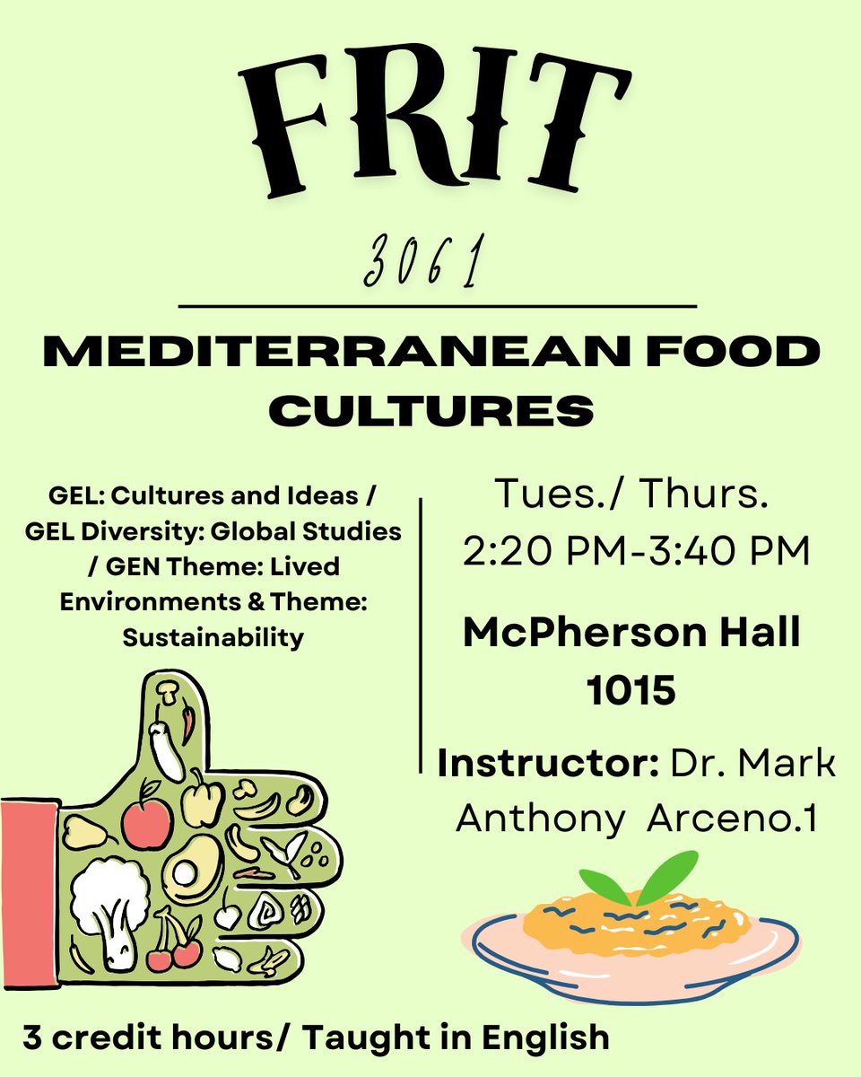 AUTUMN '25 COURSE OFFERING:
FRIT 3061: Mediterranean Food Cultures

For more information, please visit the link below:
frit.osu.edu/autumn-2025-co…