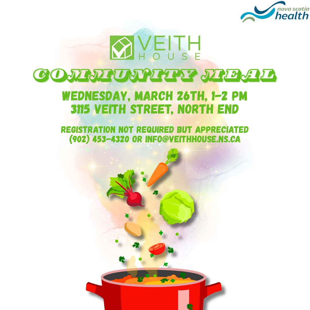 VeithHouse's tweet photo. Join us for a Free Community Meal (Soup and sides!) on Wednesday, March 26th, from 1-2 PM!
Thanks to ‘Community Health Team Wellness Fund’ and ‘NS Gov - Communities, Culture, Tourism and Heritage’ for their support!
#CommunityMeal #VeithHouse #HalifaxCommunity #Kjipuktuk https://t.co/vyUAKvT1o1