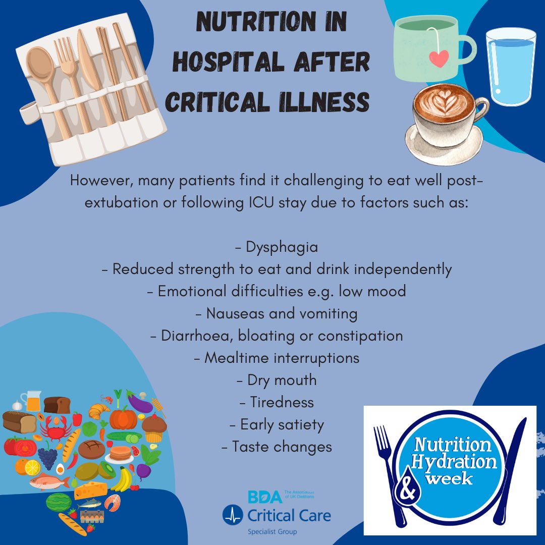 Critical Care Specialist Group of @BDA_Dietitians (@bdacriticalcare) on Twitter photo βοΈNutrition & Hydration WeekβοΈ
Our role in the ICU is not limited to nutrition provision for patients who are intubated and ventilated, but also for those extubated - our role is essential to support patients' recovery post critical illness!
#NHWeek #NHWeek2025 βοΈNutrition & Hydration WeekβοΈ
Our role in the ICU is not limited to nutrition provision for patients who are intubated and ventilated, but also for those extubated - our role is essential to support patients' recovery post critical illness!
#NHWeek #NHWeek2025