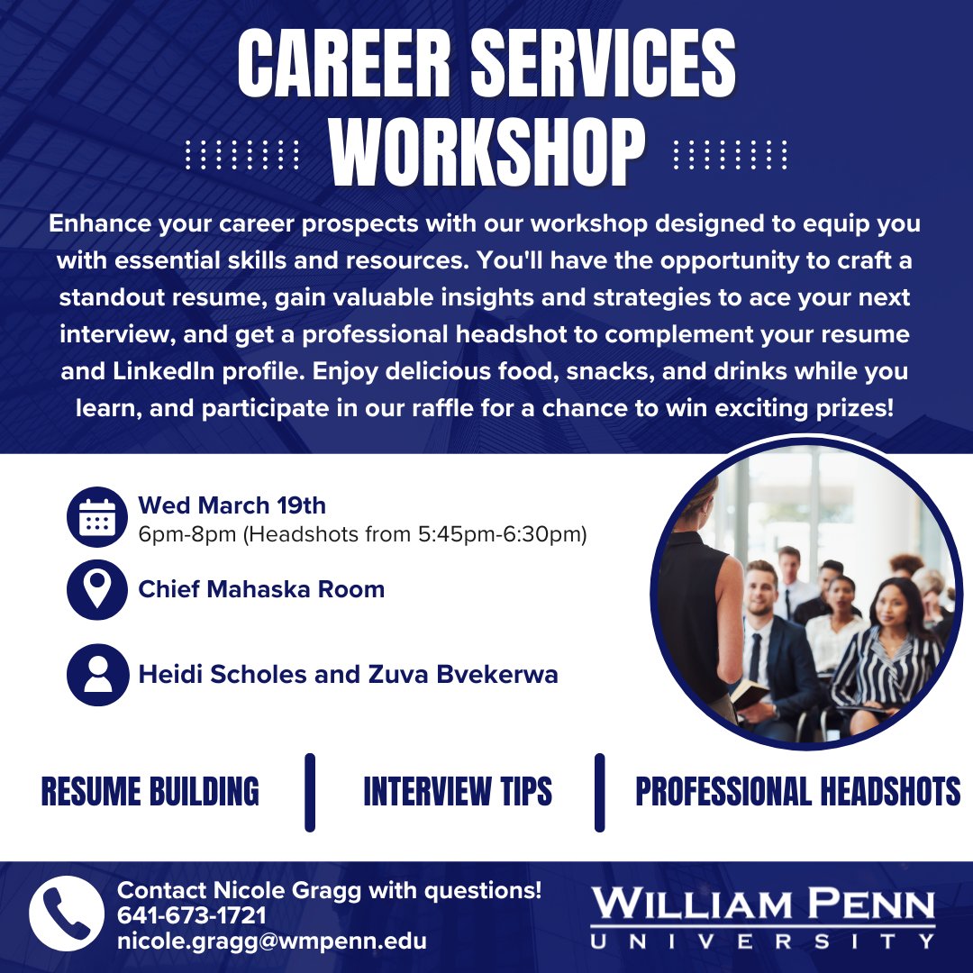 Don't forget our Career Services Workshop is rescheduled for today, March 19th, at 6pm with headshots starting at 5:45pm! Heidi and Zuva are excited to help students prepare for the Career Fair on April 8th! Bring your laptop and get ready to spruce up your resume.