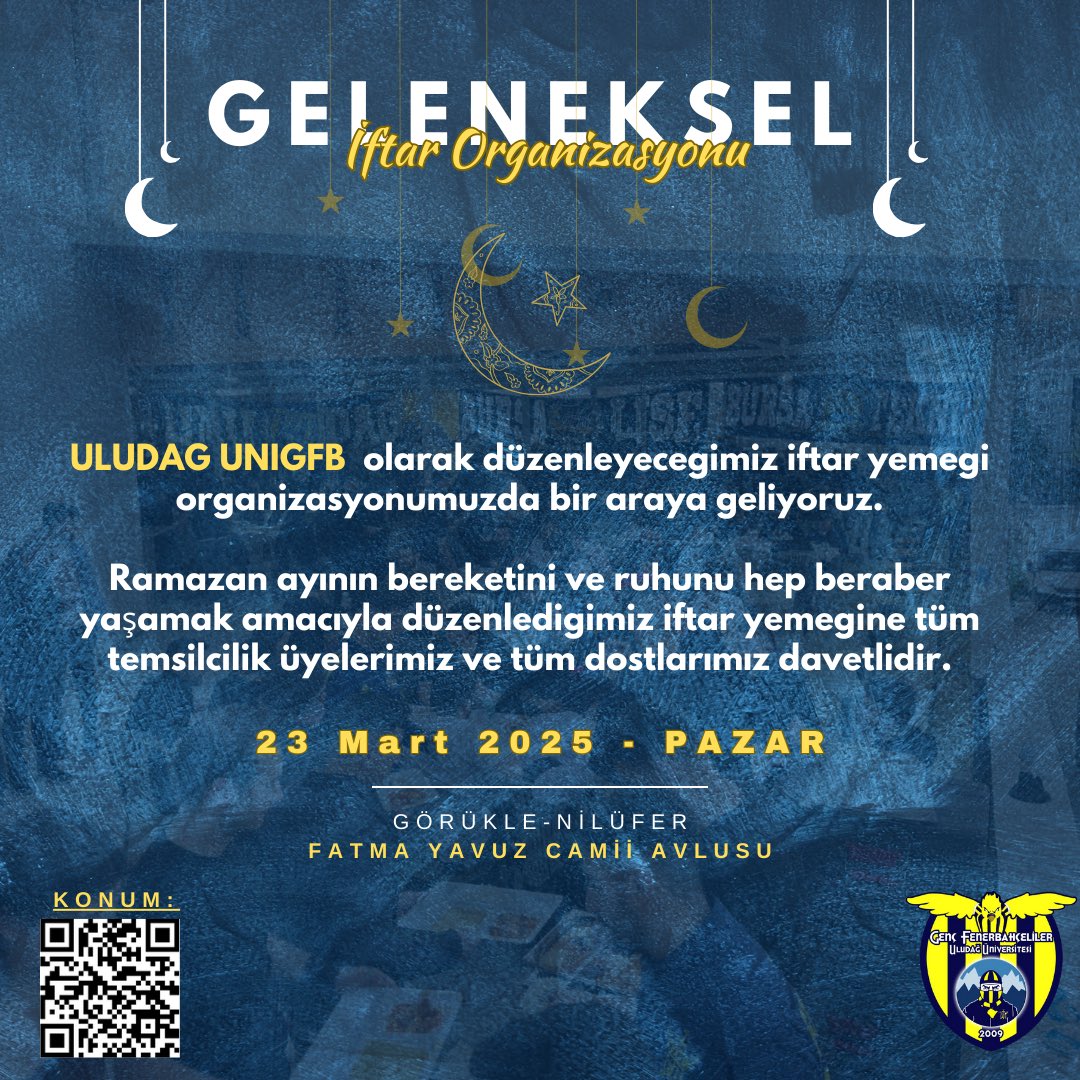 Geleneksel iftar organizasyonumuzda buluşuyoruz. Tüm üyelerimizi, dostlarımızı ve sevenlerimizi bekleriz.

#UNIGFB