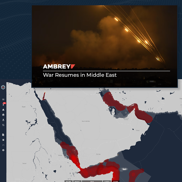 AMBREY Threat Circular – War Resumes in Middle East
For full threat update, analysis, and mitigation please follow the download link at ambrey.com/insights-hub
#MaritimeRisk #MaritimeSecurity #RiskManagement #Shipping  #MiddleEast #Houthi #Ambrey