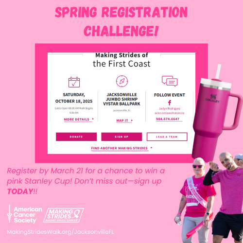 msabcjax's tweet photo. 📷 Spring Into Strides – Registration Challenge! 📷
Spring is here, and so is your chance to win! 📷📷 Register for Making Strides of the First Coast by THIS Friday, March 21, and you’ll be entered to win a pink Stanley cup! 📷📷
📷 Register TODAY: https://t.co/3TJixjxOQ2 https://t.co/yrOR8wx5g8