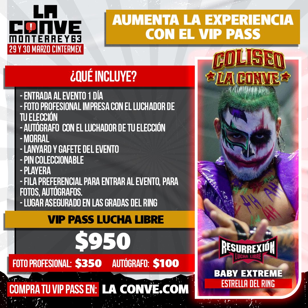 LaConveMTY's tweet photo. 🥊🔥 ¡Vive la lucha libre como nunca con el Pase VIP del Coliseo La Conve! 🔥🥊
🎟️ Compra tu Pase VIP aquí:
🔗 https://t.co/iHPH1UJlTo
#ColiseoLaConve #PaseVIP #LuchaLibre #LaConve63 #RumboALaConve #TodosSomosFans #ResurrexiónLuch https://t.co/sDKcoiHvkT