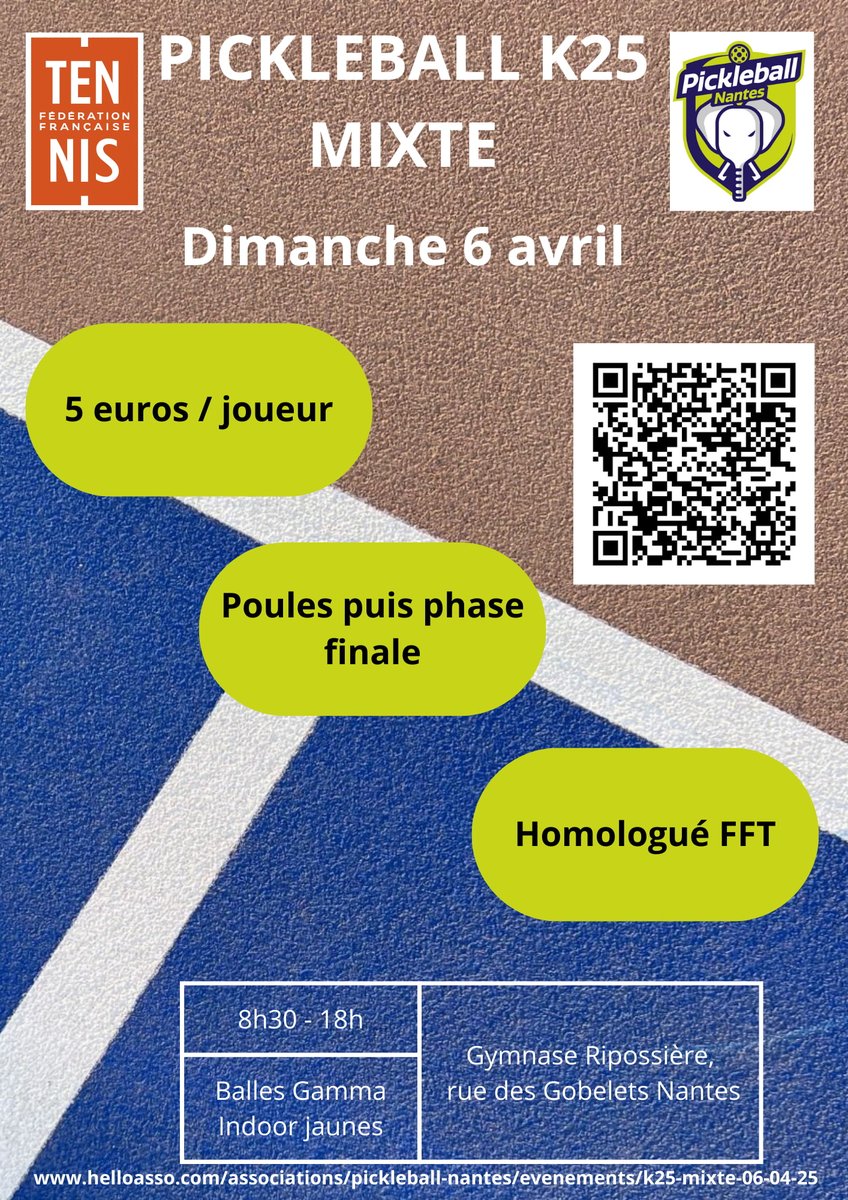 pickleball44n's tweet photo. 📢 Tournoi K25 Mixte - Pickleball Nantes ! 🏓🔥
📅 Le 6 avril 2025
📍 Gymnase Gobelets Ripossière, Nantes
✅ Tournoi homologué FFT
💥 5 matchs garantis pour tous les participants !
Inscris-toi dès maintenant  ! 💪
🔗https://t.co/TB9g1jV8BE
#Pickleball #Nantes https://t.co/v7nXkN0KrD