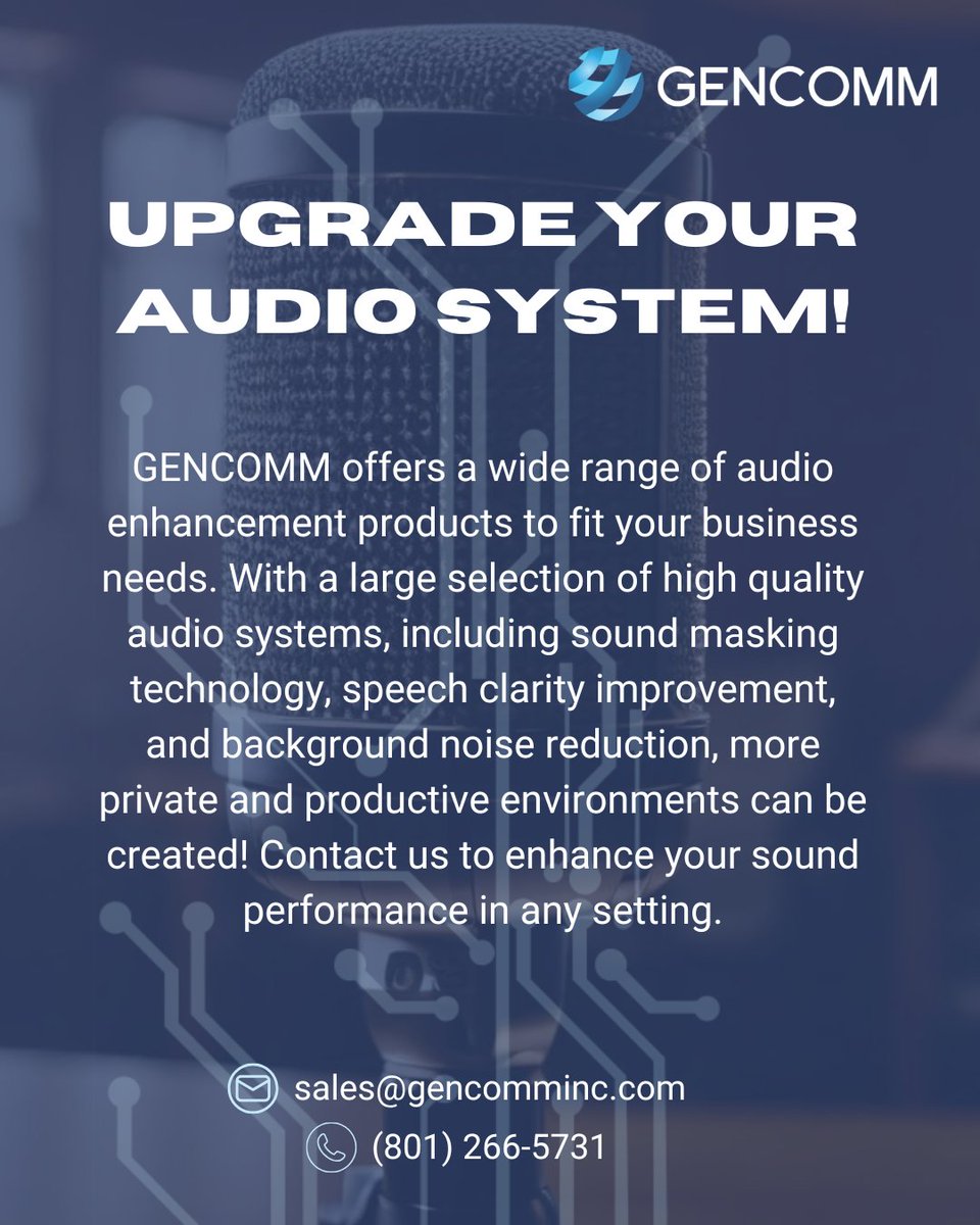 GenCommHQ's tweet image. Here at GENCOMM, we offer audio system upgrades. We would love to cater to any of your AV needs!

#gencomm #business #utah #av #audio #visual #audiovisual #product #audiosystem #system #soundmasking #sound #speechclarity #clarity #background #noise #reduction #sales #service