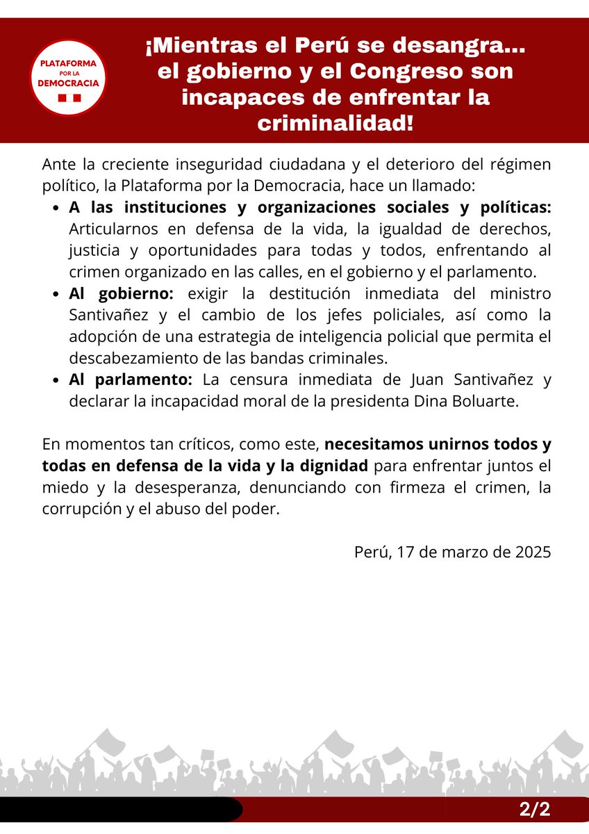 ¡Mientras el Perú se desangra, el gobierno y Congreso siguen sin actuar!
Lamentamos la partida de Paul Flores y nos solidarizamos con las víctimas de la ola de criminalidad. Exigimos la destitución de Santivañez y un cambio urgente en la estrategia de seguridad.