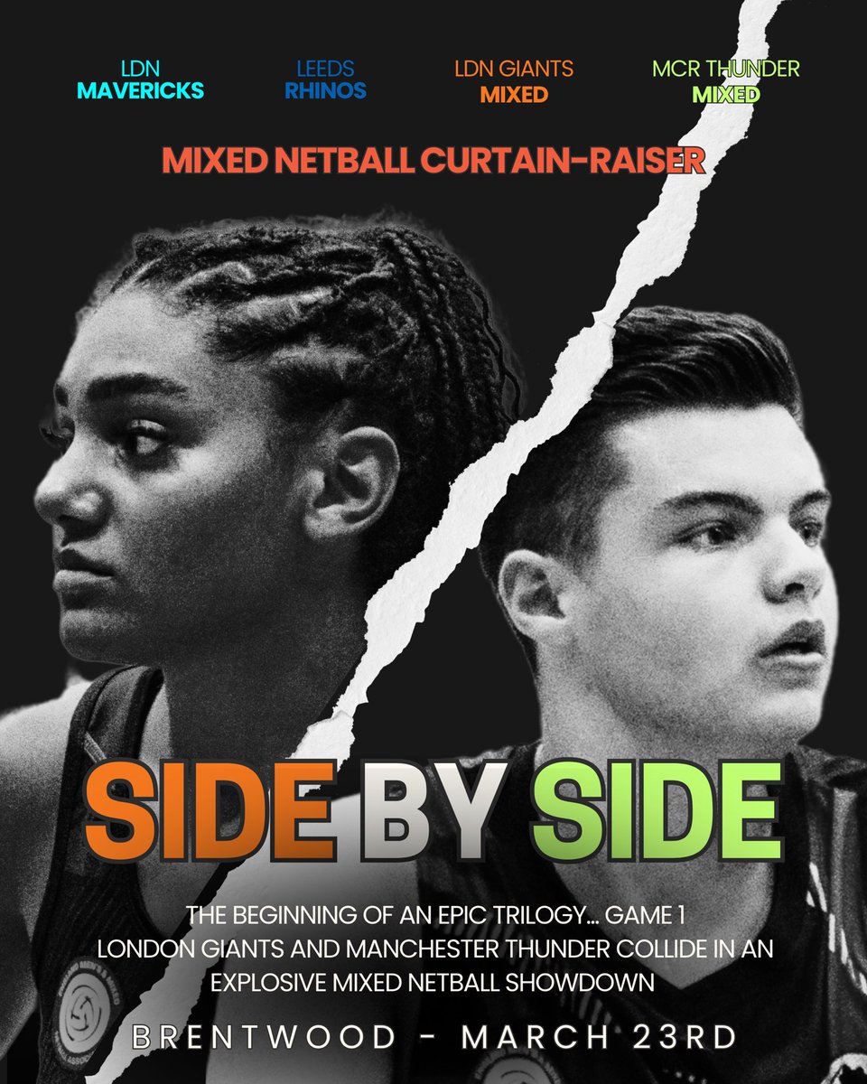 NSL CURTAIN-RAISER – SO GOOD, IT SHOULD BE A MOVIE! 🎬

London Giants Mixed take on <a href="/thundermenmixed/">Thunder Men's & Mixed (Spartans)</a> "Side by Side" with the NSL clash between <a href="/LDNMavericks/">London Mavericks</a> &amp; @rhinosnetballsl

This fixture is SOLD OUT, so if you’ve got tickets get there early!

📍 Centre Pass: 13:30
@englandmmna