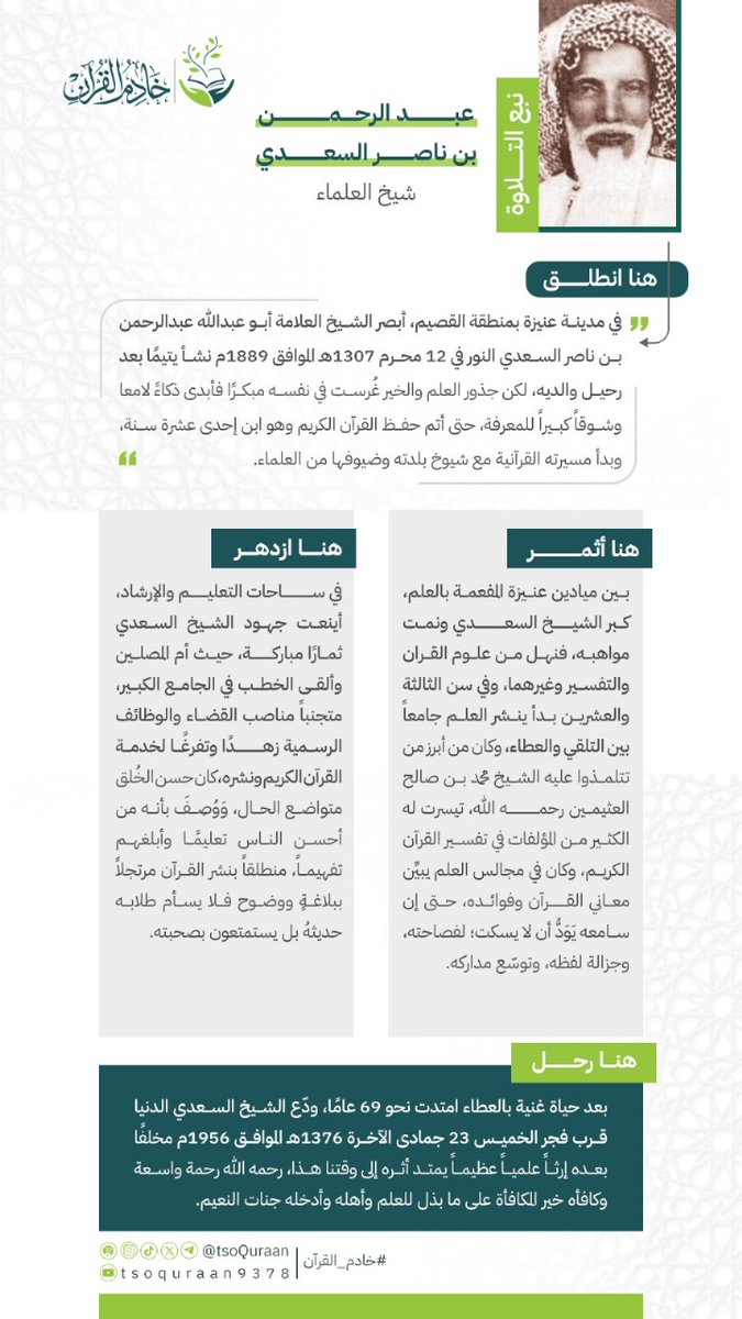 عقلُ حكيم أضاء دروب القرآن والتفسير بطيب خصاله وحدة ذكاءه..  الشيخ عبدالرحمن السعدي - رحمه الله-  #خادم_القرآن
#سير_خادمي_القرآن