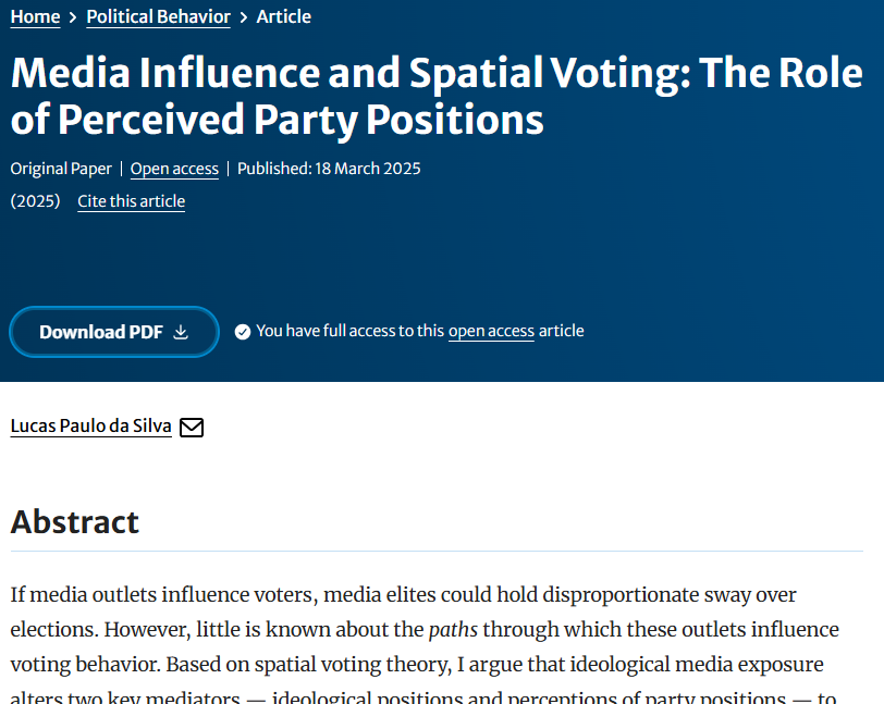 Lucas_P_daSilva's tweet photo. Thrilled that my paper is now published by @PolBehavior! Using a natural experiment—the Sun boycott—I show how media may shape our voting mostly by changing our perceptions of party positions. Media matters! 🗳️

Read here: https://t.co/cHumt69fU8

@tcddublin #MediaBias #Politics https://t.co/xNNRcp9Azi