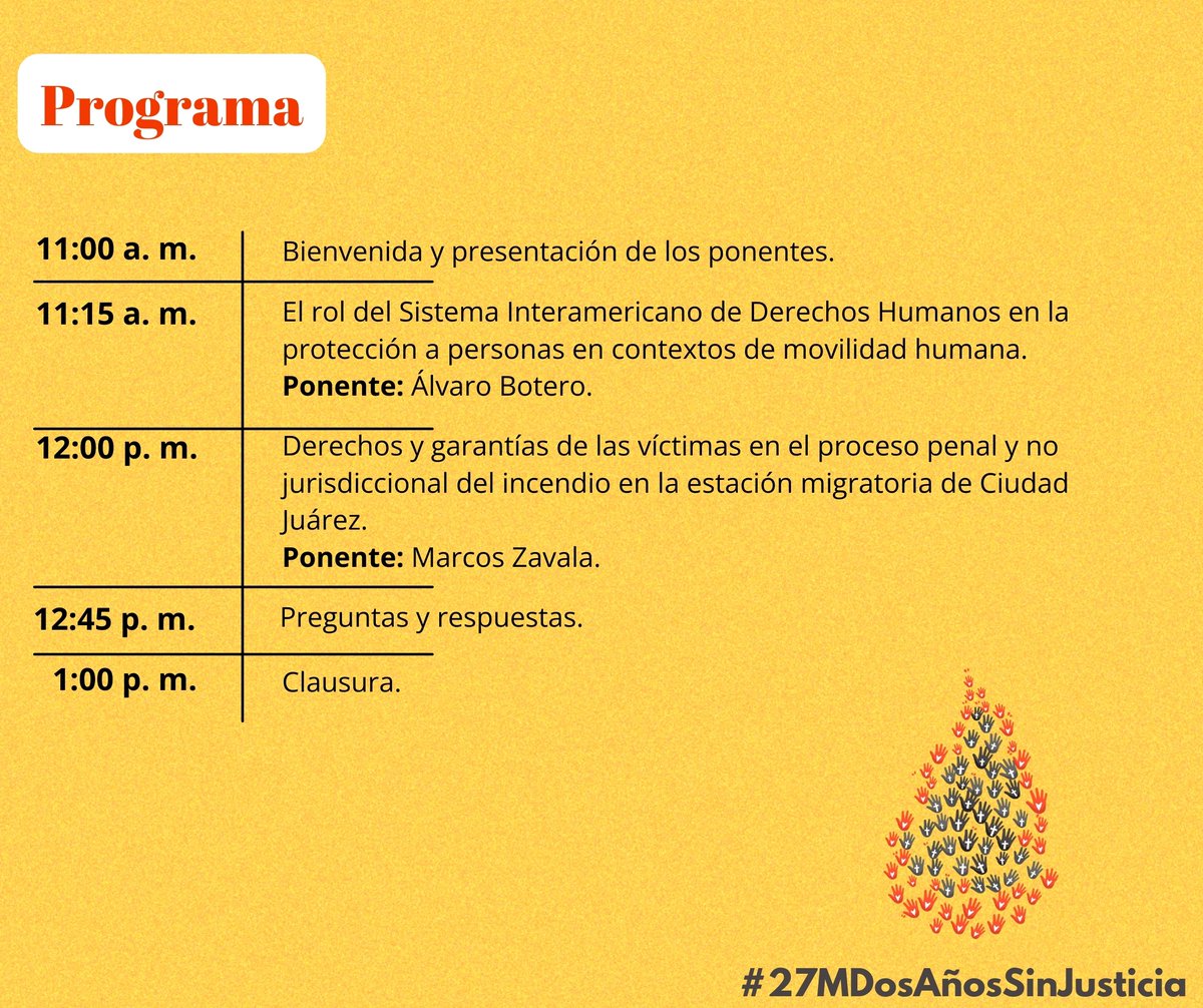 #EnAgenda 

En el marco del segundo aniversario del incendio en la estancia migratoria de Ciudad Juárez les invitamos al Panel sobre el Sistema Interamericano de Derechos Humanos y Sistema Jurídico en México para la defensa de personas en contextos de movilidad humana.

🗓️27/3