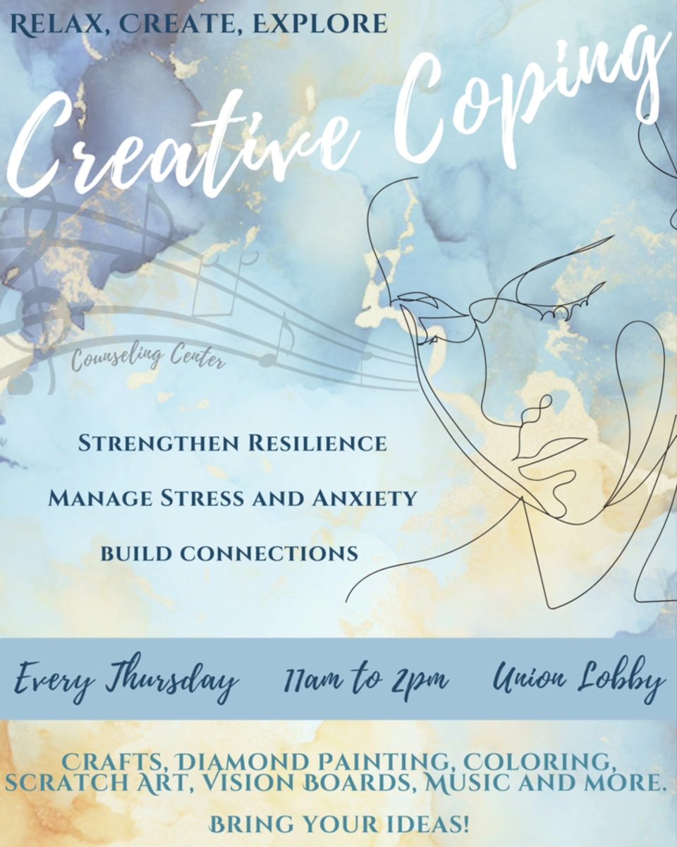 Be sure to check out Creative Coping today in the Union Lobby from 11am-2pm! Caree has a great time planned with relaxing activities to decompress from the first week back from Spring Break.
