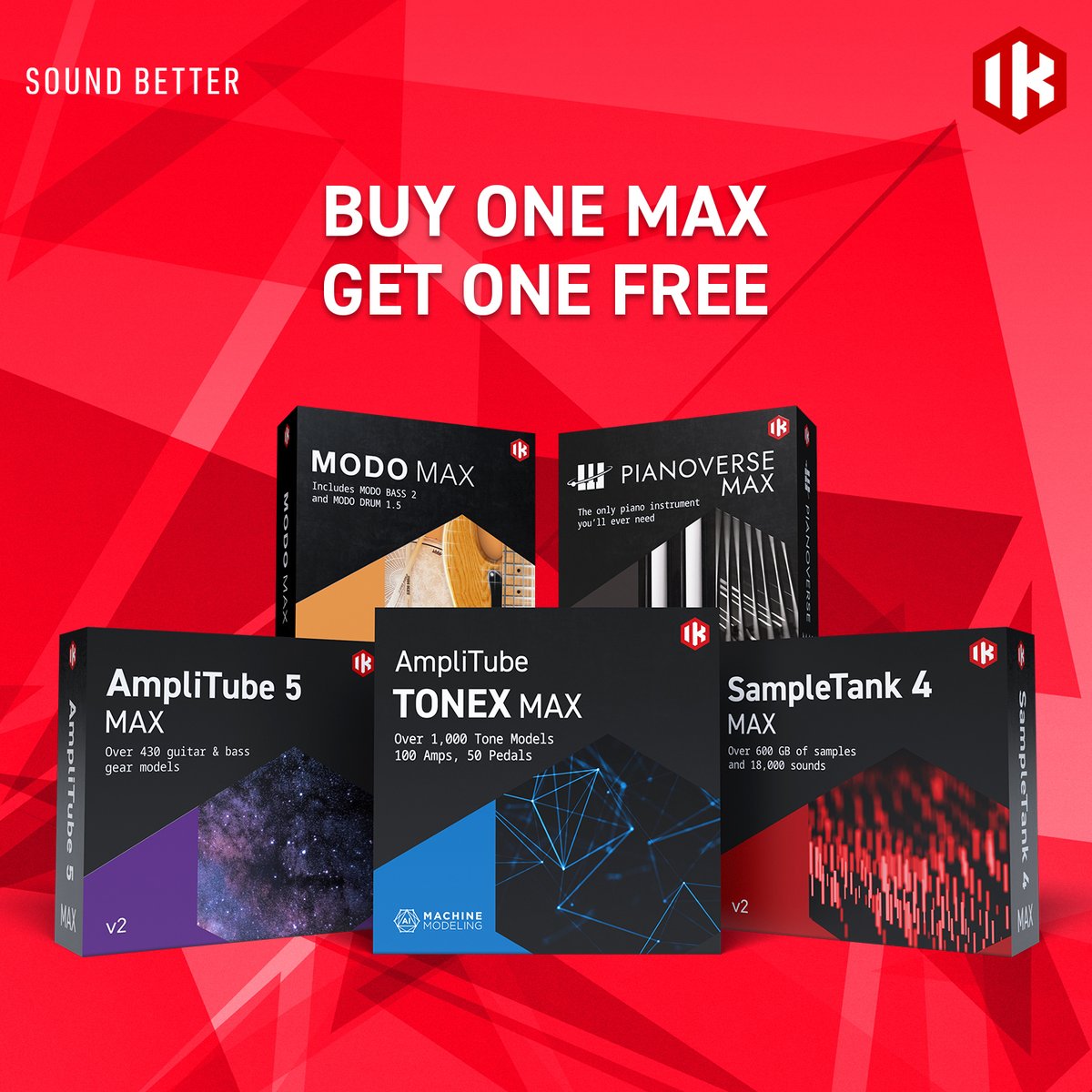 ikmultimedia's tweet photo. BOGO MAX music production software bundles! Buy one MAX bundle at $/€99.99 and choose another free. https://t.co/9LqM9qJVER
#bogo #deal #tonex #amplitube #modobass #mododrum #sampletank https://t.co/Q4CirA8RFU