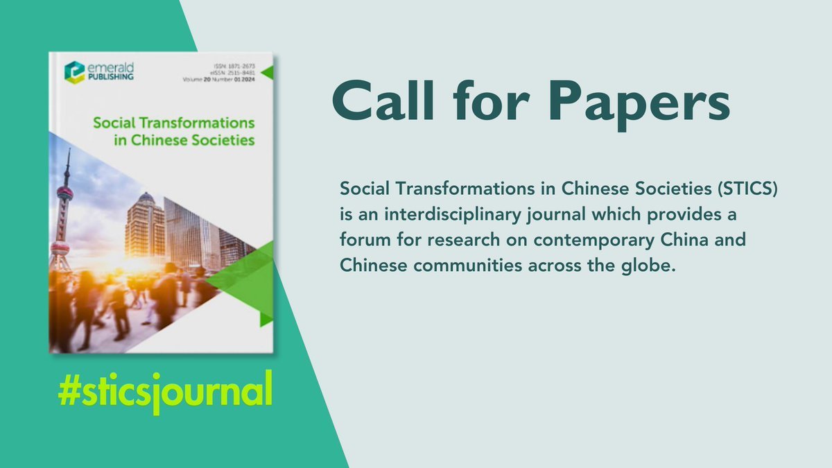SjournalSt42659's tweet photo. 📢 Call for Papers:   Social Transformations in Chinese Societies (STICS) is an interdisciplinary journal that offers a platform for research on contemporary China and Chinese communities worldwide.

Learn more: https://t.co/U5cLv4Yjwd #CallForPapers https://t.co/LUXtqyXNCN