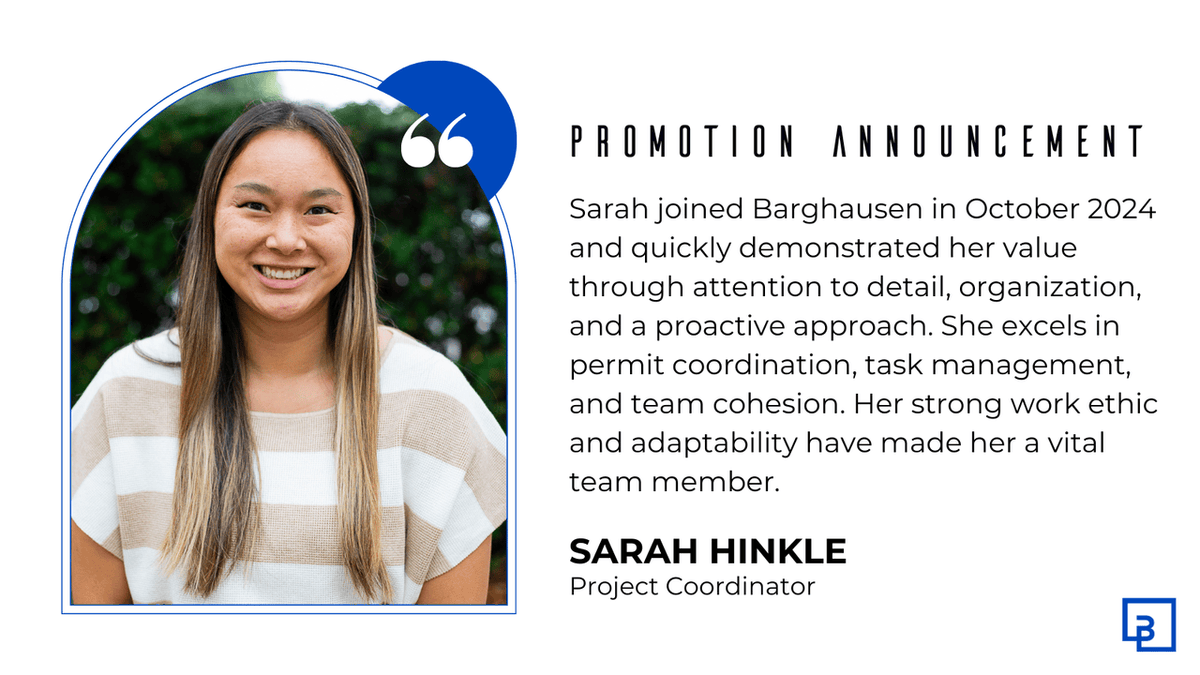 Sarah Hinkle was recently promoted to Project Coordinator at Barghausen, a Division of Core States Group! 👏

Congratulations, Sarah!

#Barghausen | #ADivisionOfCoreStatesGroup | #CivilEngineers | #CreativeSolutions | #Promotion