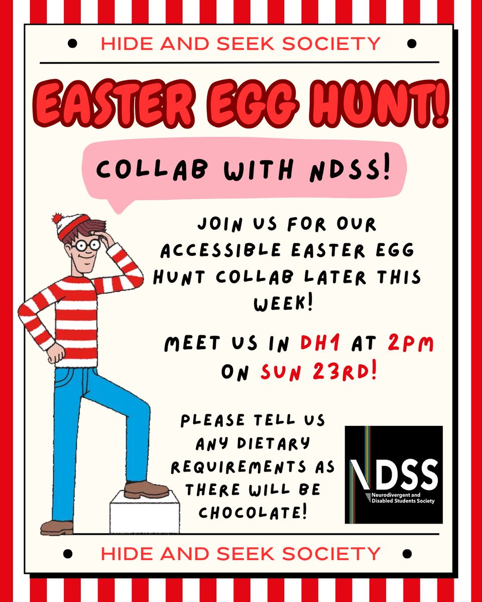 HideAndSeekExe's tweet photo. Join us and @ndss_exeter for an Easter egg hunt THIS Sunday!! We will have multiple rounds and there will be chocolate prizes 👀 We will meet at 2 pm in DH1, see you there!! 

#hideandseeksociety #hideandseek #easter #eastereggs https://t.co/4bTTCuqJPb