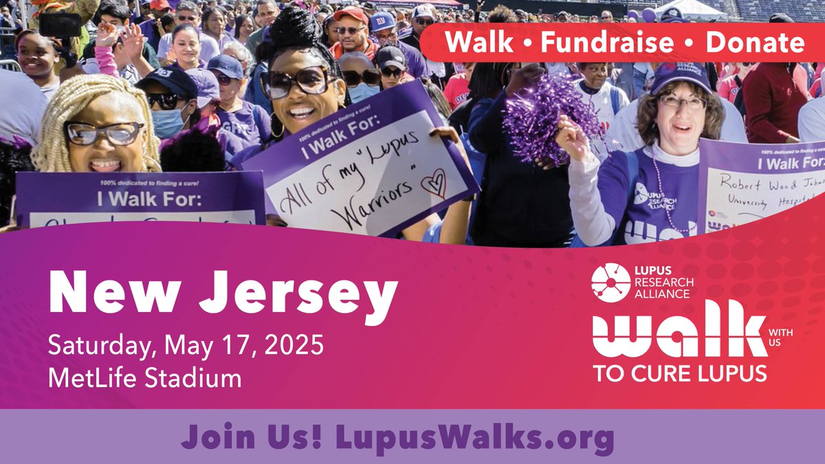 LupusResearch's tweet image. 💜 We’re just 2 months away from making strides toward a cure for lupus! Join us at the LRA New Jersey Walk with Us to Cure Lupus on May 17 at MetLife Stadium. 👉 Gather your team, sign up today, and let’s walk with purpose! bit.ly/WALK25_NJ
#WalkWithUs #LupusWalk