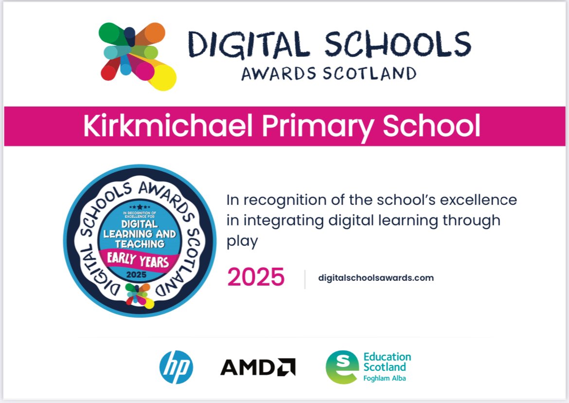 KirkmichaelPS's tweet image. We are proud to announce that Kirkmichael Primary and EYC have received the digital learning through play award! Well done to all pupils and staff. We are proud of how we implement digital learning and skills at Kirkmichael through our EYC-P7! @Schools_Digital @SACTechDigital