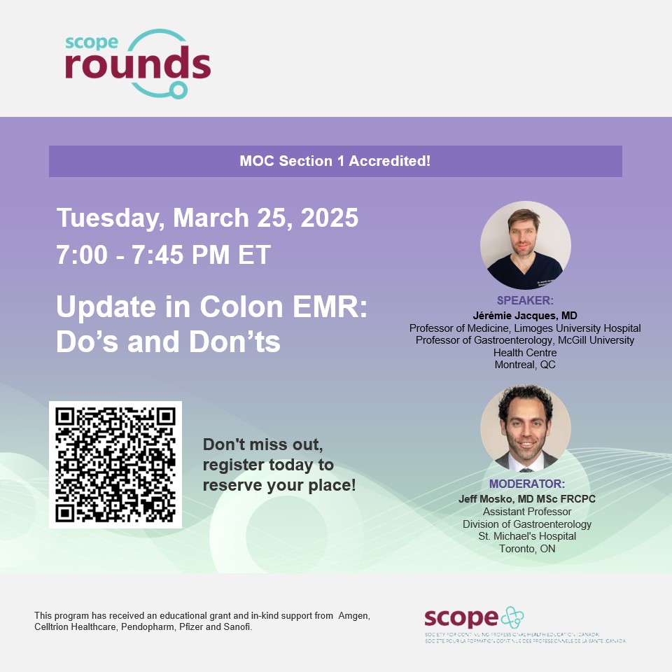 SCOPE Canada (@scopecanmd) on Twitter photo 🚨SCOPE Rounds: Gastroenterology 2025 is now accredited! 🚨
Make sure you join us next Tuesday with Dr. Jérémie Jacques for his Do's and Don'ts in Colon EMR.
🔗Don't miss out—register now!
us02web.zoom.us/webinar/regist…
#SCOPERounds
<a href="/guthealthmd/">Dr Mark Silverberg</a>
<a href="/vipuljairath/">Vipul Jairath MBChB DPhil</a>
<a href="/marshllj/">John K. Marshall MD</a> 🚨SCOPE Rounds: Gastroenterology 2025 is now accredited! 🚨
Make sure you join us next Tuesday with Dr. Jérémie Jacques for his Do's and Don'ts in Colon EMR.
🔗Don't miss out—register now!
us02web.zoom.us/webinar/regist…
#SCOPERounds
<a href="/guthealthmd/">Dr Mark Silverberg</a>
<a href="/vipuljairath/">Vipul Jairath MBChB DPhil</a>
<a href="/marshllj/">John K. Marshall MD</a>