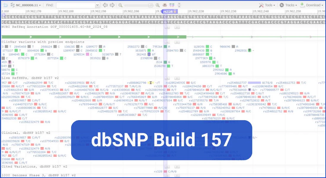 Screenshot of dbSNP search results in the background. Text says: dbSNP Build 157