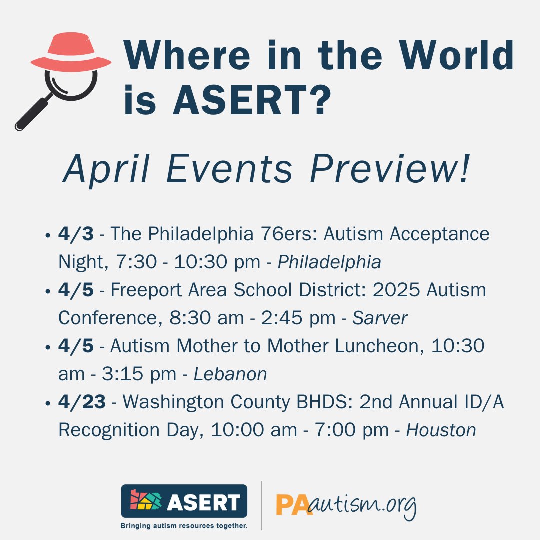 ASERT_PAautism's tweet image. 🔎🗓️ This April we plan on attending numerous community events across PA! Check out just a sample of the places you can catch us during Autism Awareness &amp;amp; Acceptance Month!

#ASD #Autism #AutismEvents