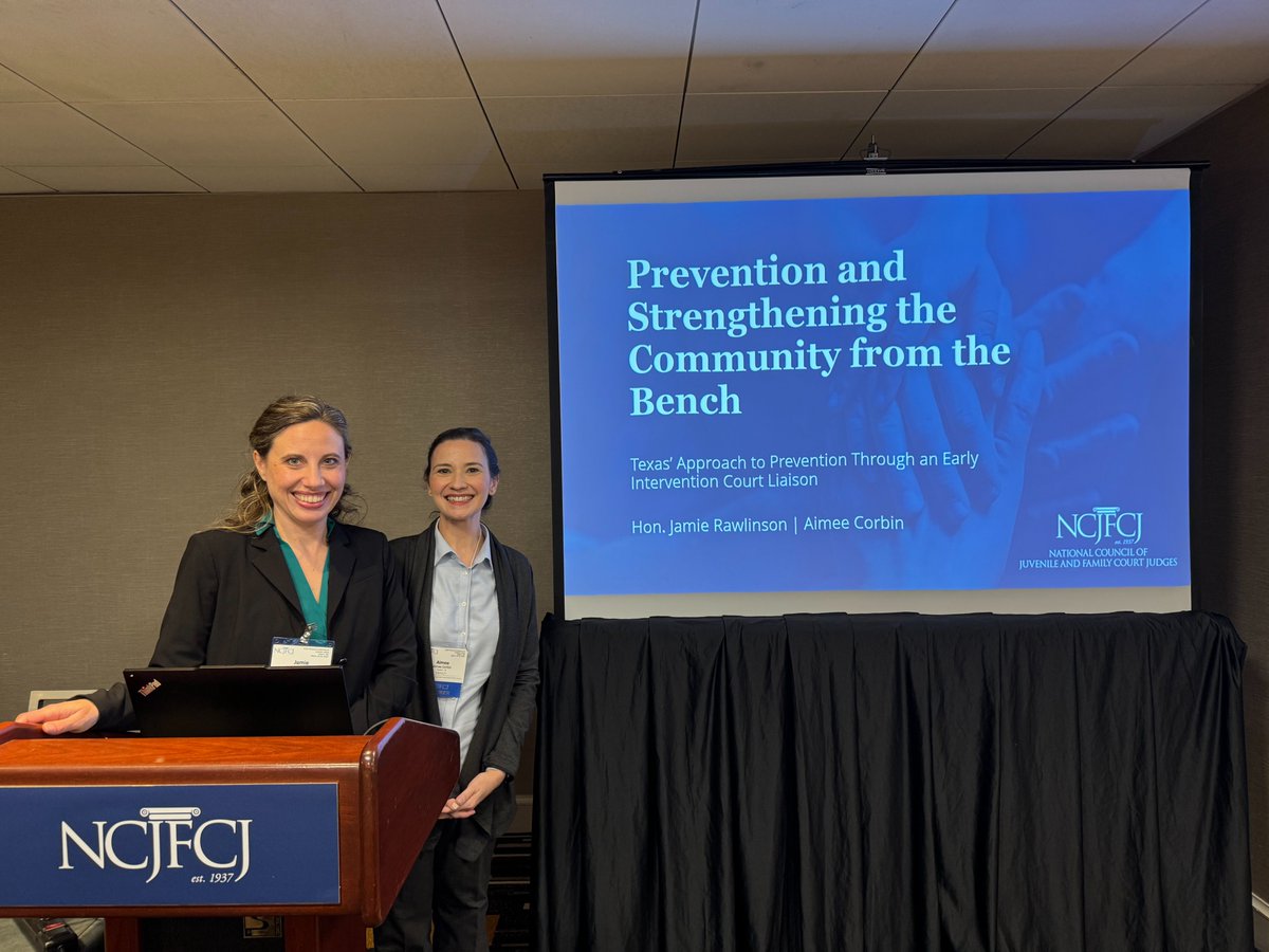 Yesterday, Coastal Bend Children's Court Judge Jamie Rawlinson and CC staff attorney Aimee Corbin presented findings from the Early Intervention Court Liaison pilot project at the 2025 <a href="/NCJFCJ/">NCJFCJ</a> Juvenile Justice Annual Conference. 🏆