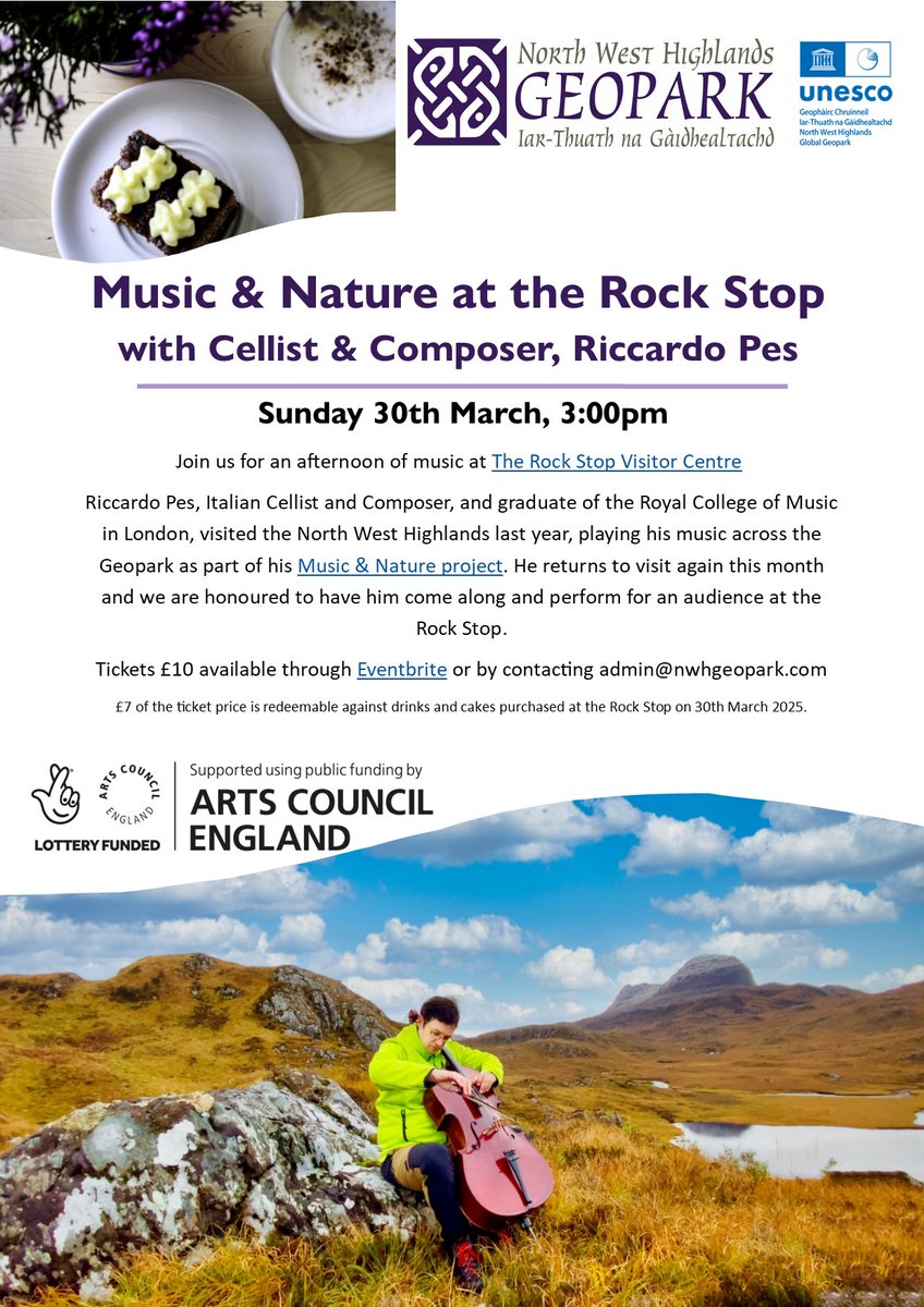 Join us at The Rock Stop Visitor Centre for an afternoon of music with Cellist &amp; Composer Riccardo Pes! Limited spaces! Tickets are £10 and can be booked through Eventbrite or by contacting admin@nwhgeopark.com. Find out more here: nwhgeopark.com/music-nature-a…