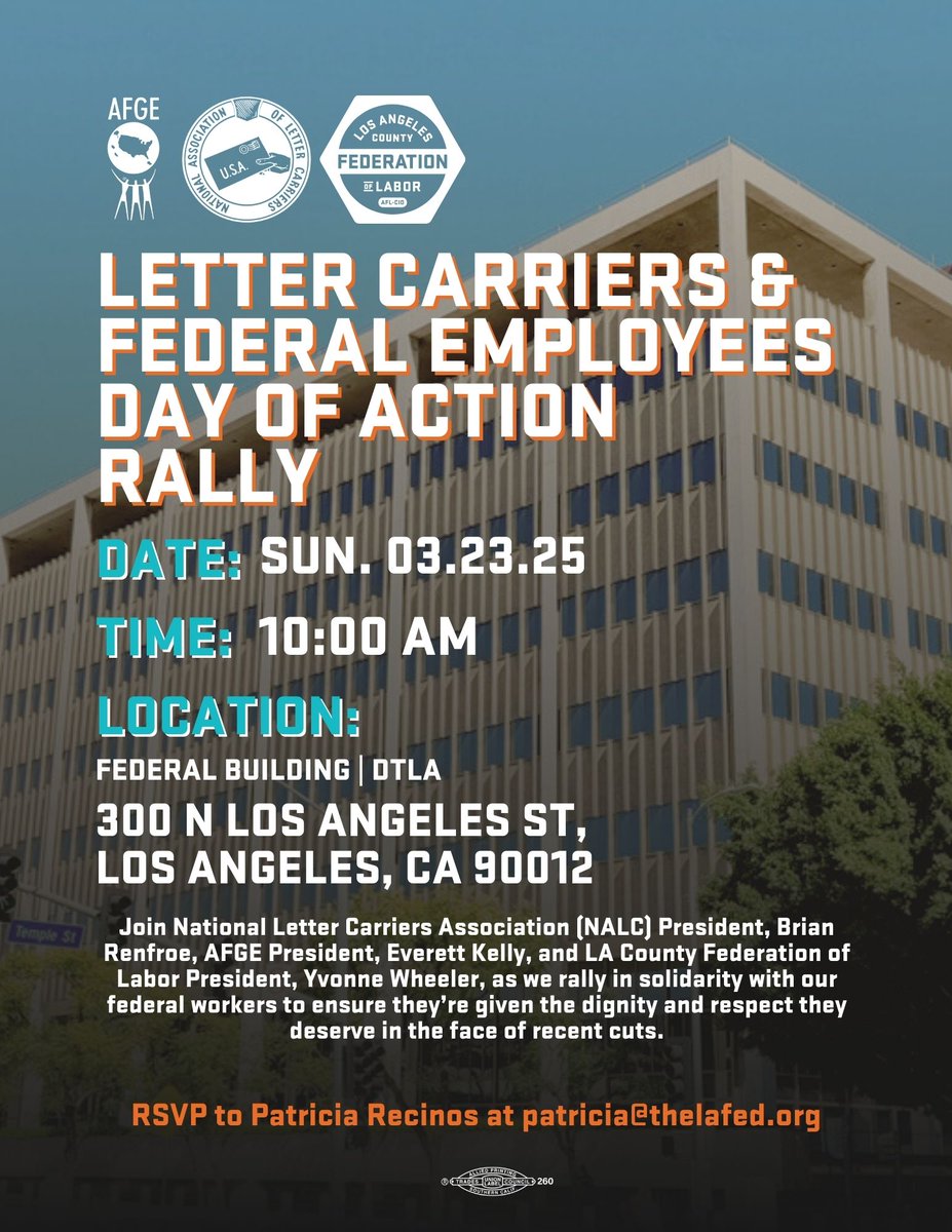 BlackWkrCenter's tweet photo. Join us Sun., 3/23 at 10 AM at the DTLA Federal Building to stand in solidarity with federal workers fighting for their rights! ✊🏿

Federal workers deserve fair wages, safe working conditions, &amp; respect on the job
When we fight, we win!

📍: DTLA Federal Building
🕙: 3/23 | 10 AM https://t.co/ioHP9KnMdU