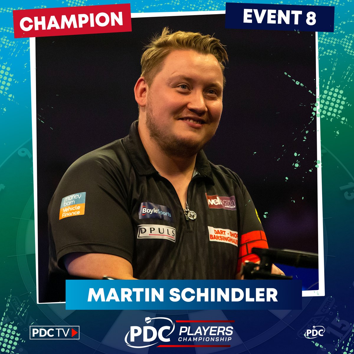 OfficialPDC's tweet photo. SCHINDLER HAS DONE IT 🙌

Martin Schindler wins his first ever Players Championship title, beating Jeffrey De Graaf 8-1 in the final. 

A win on home soil for the German 🇩🇪 https://t.co/XZt9rimSjC