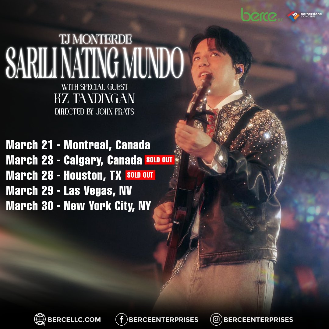 🌟 We’re halfway through the Sarili Nating Mundo North America Tour, but wait, there’s still 5 cities left! 🎉 Get your tickets now and join us for an unforgettable experience!

#SarilingMundoTour #TJMonterde #KZTandingan #Montreal #Calgary #LasVegas #Houston #NewYork #Berce