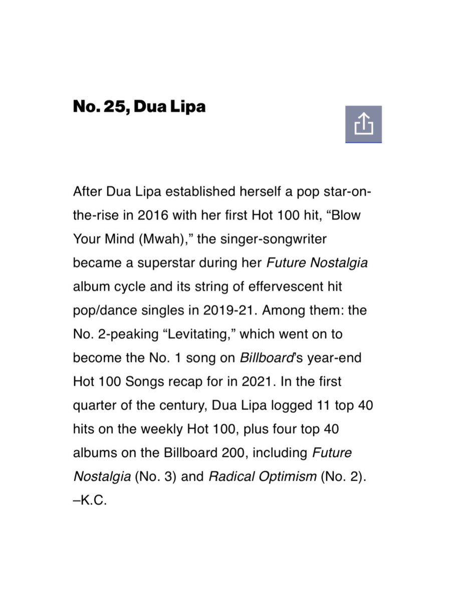 .<a href="/DUALIPA/">DUA LIPA</a> ranks at #25 on @Billboard’s Top 100 Women Artists of the 21st Century Chart!