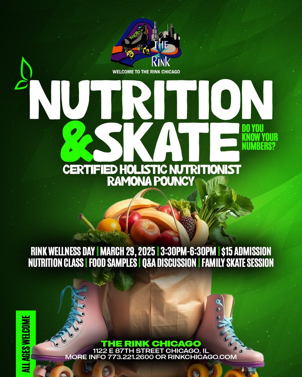 Skate into wellness at The Rink Chicago! 🛼🥗 Join us for Nutrition &amp; Skate with certified holistic nutritionist Ramona Pouncy on March 29. Learn, taste, and roll your way to better health! #RinkWellnessDay #SkateAndEatGood #Rink50