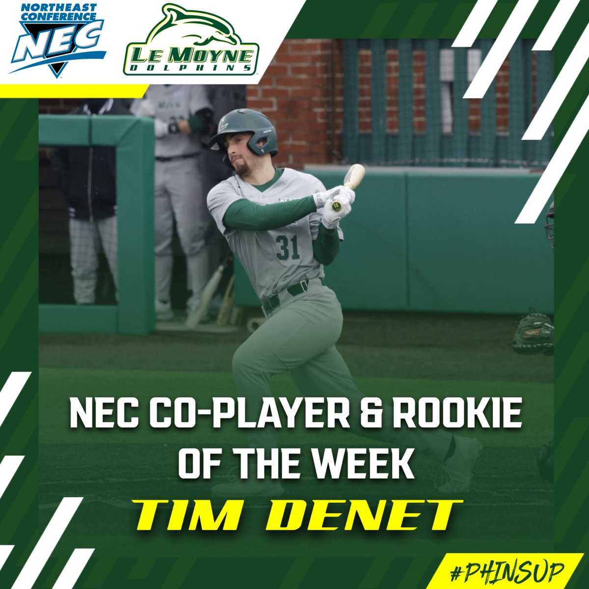 Le Moyne Baseball (@lemoynebaseball) on Twitter photo After batting .700 with 7 hits, 2 walks, 6 runs, 2 doubles, a home run, and 4 RBIs during our 3-0 weekend, Tim Denet has been named the <a href="/necbaseball/">NEC Baseball</a> Rookie of the Week and Co-Player of the Week 👏🐬
#PhinsUp 🐬 After batting .700 with 7 hits, 2 walks, 6 runs, 2 doubles, a home run, and 4 RBIs during our 3-0 weekend, Tim Denet has been named the <a href="/necbaseball/">NEC Baseball</a> Rookie of the Week and Co-Player of the Week 👏🐬
#PhinsUp 🐬
