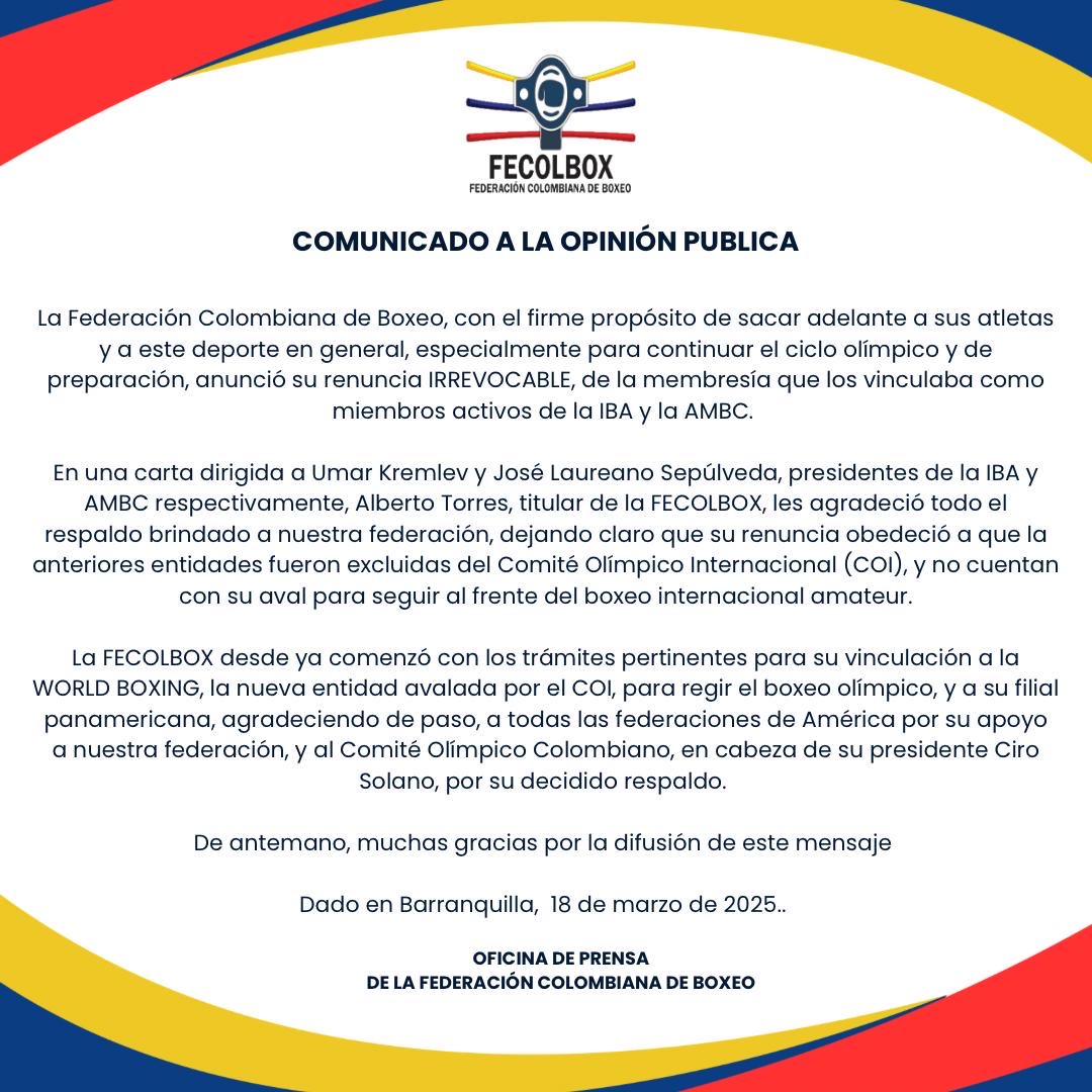 Comunicado de Prensa: ⁦<a href="/MinDeporteCol/">Ministerio del Deporte</a>⁩ ⁦<a href="/OlimpicoCol/">Comité Olímpico COL</a>⁩ ⁦<a href="/EstewilQ/">Estewil Quesada</a>⁩ ⁦<a href="/FabioPovedaRuiz/">Fabio Poveda</a>⁩ ⁦<a href="/ELTIEMPO/">EL TIEMPO</a>⁩ ⁦<a href="/LaLibertadCo/">Diario La Libertad</a>⁩ ⁦<a href="/elespectador/">El Espectador</a>⁩ ⁦<a href="/AtlanticoEmi/">EmiAtlantico</a>⁩
