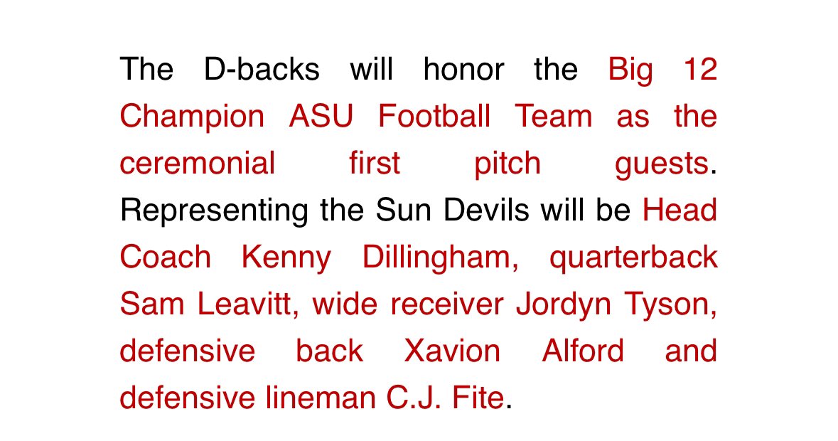 Sun Devil Daily (@sundevildaily) on Twitter photo The <a href="/Dbacks/">Arizona Diamondbacks</a> will be honoring Sun Devil football during their home opener against the Cubs on March 27th. <a href="/KennyDillingham/">Coach Dillingham</a> <a href="/100YARDLANDLORD/">X̾a̾v̾i̾o̾n̾ ̾A̾l̾f̾o̾r̾d̾</a> <a href="/tyson_jordyn/">jordyn tyson</a> and <a href="/FiteCullen/">Cullen Fite</a> will all be there for the ceremonial first pitch. The <a href="/Dbacks/">Arizona Diamondbacks</a> will be honoring Sun Devil football during their home opener against the Cubs on March 27th. <a href="/KennyDillingham/">Coach Dillingham</a> <a href="/100YARDLANDLORD/">X̾a̾v̾i̾o̾n̾ ̾A̾l̾f̾o̾r̾d̾</a> <a href="/tyson_jordyn/">jordyn tyson</a> and <a href="/FiteCullen/">Cullen Fite</a> will all be there for the ceremonial first pitch.